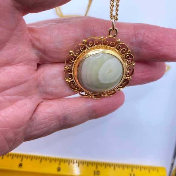 Natural Agate Filigree Gold Framed Pendant 24" Vintage Necklace - Picture 7 of 8